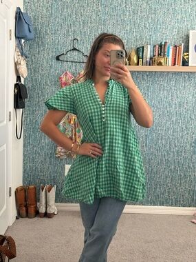 Kinga Csilla Green Gingham Button-Front Minty‎ Dress